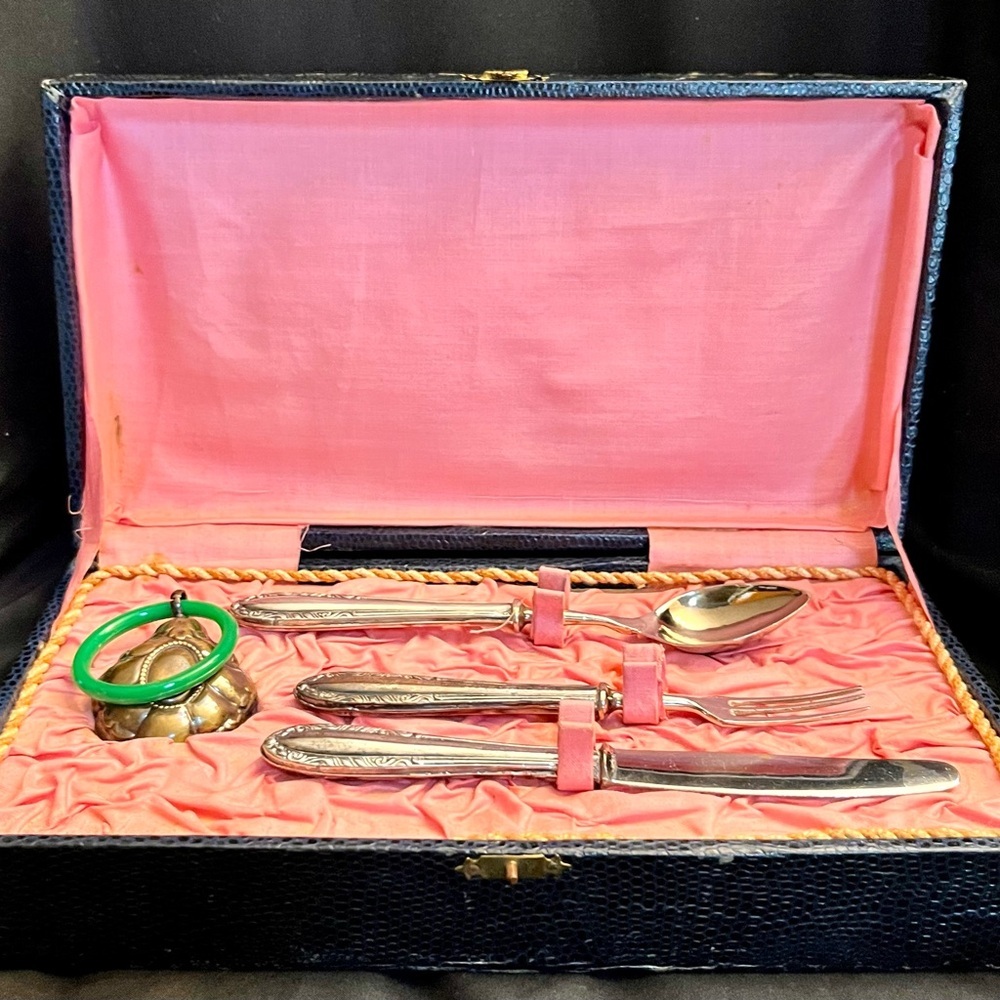 Antique Victorian Baby Silverware & Rattle Set Boxed Christening Gift Toddler